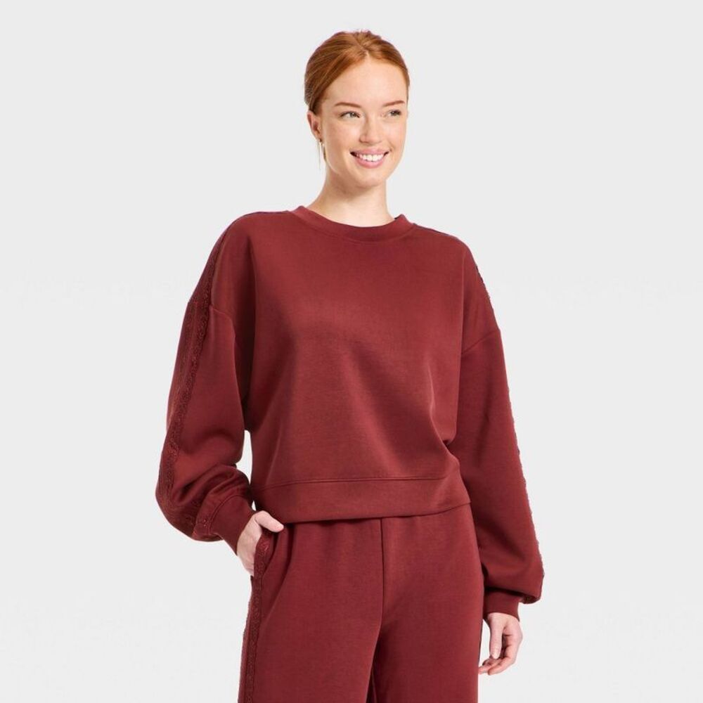 Women's Airy Sleek Lace Trim Crewneck Sweatshirt - All In Motion Maroon S